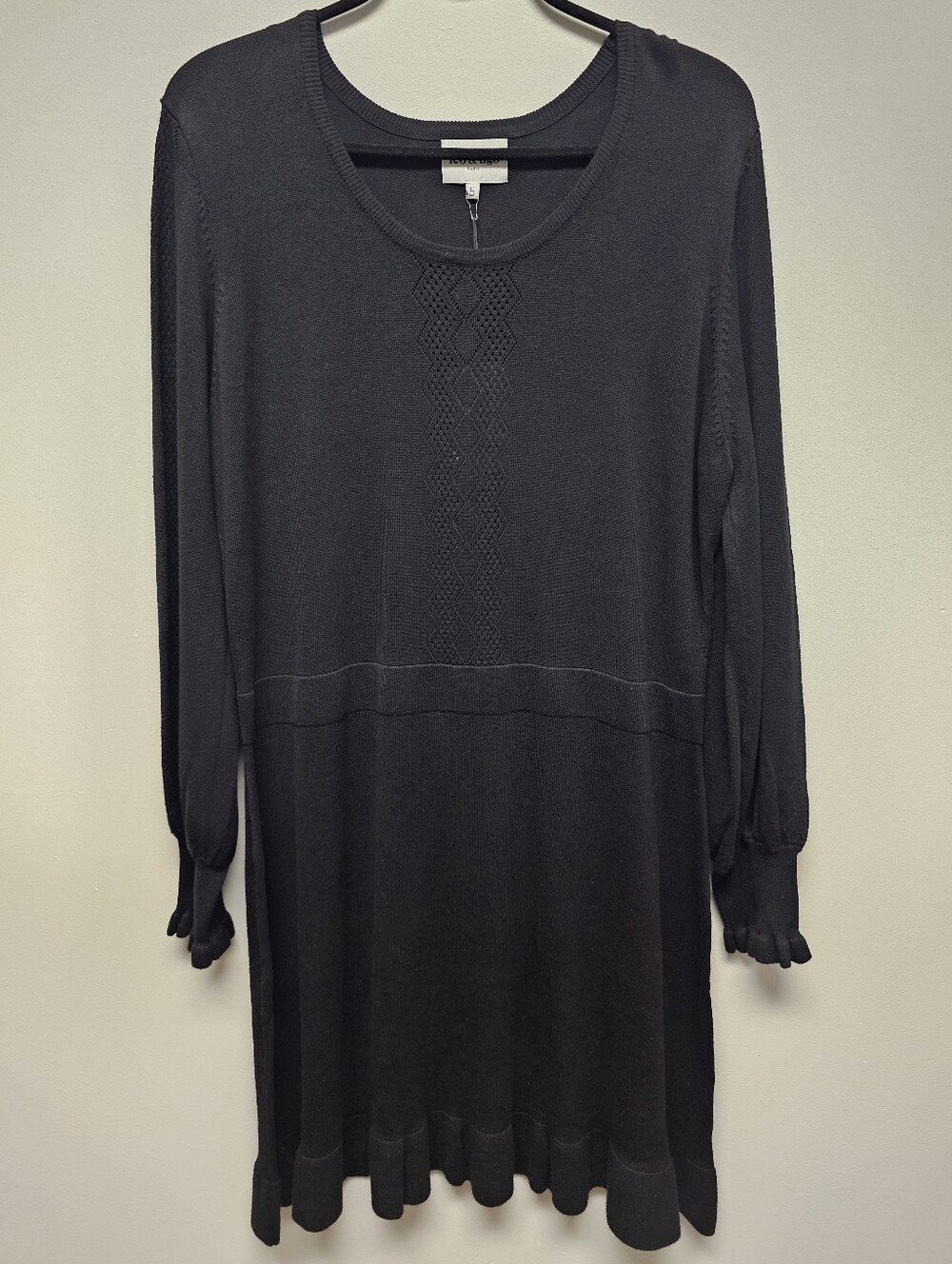 Long-Sleeve Black Knit Dress with Textured Front Panel